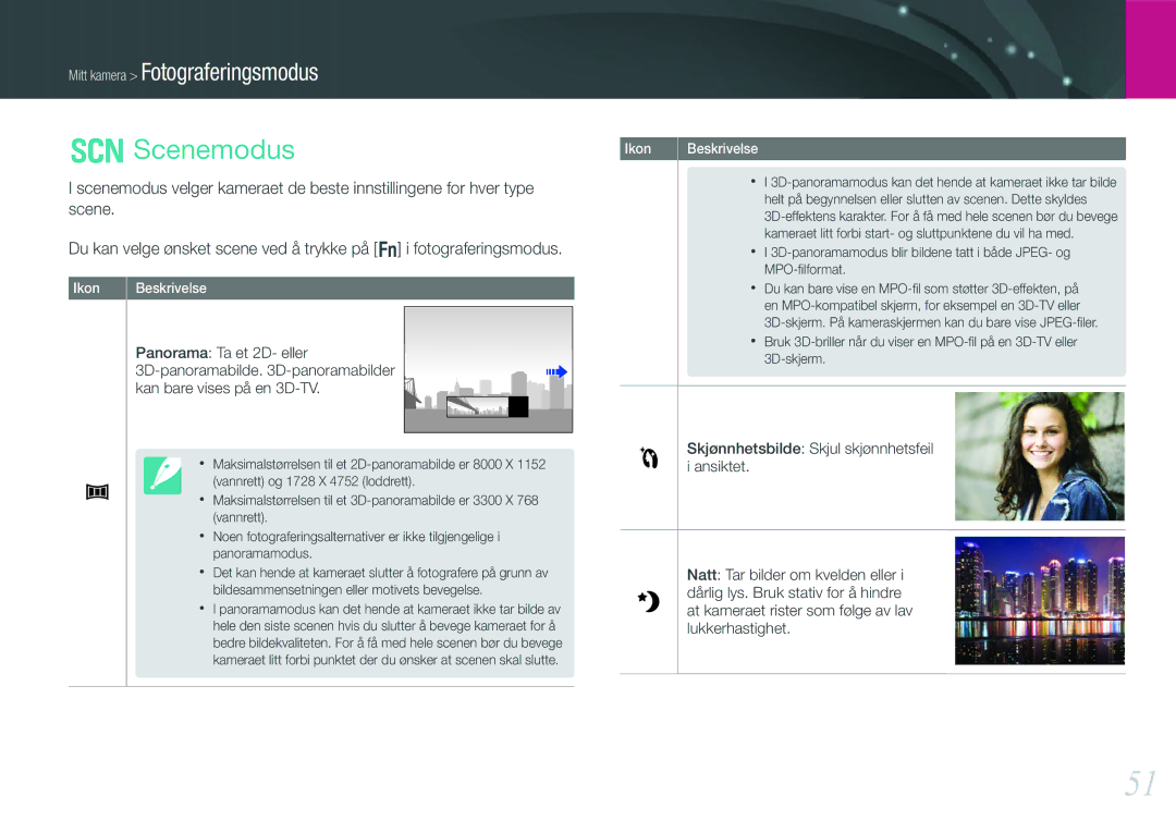 Samsung EV-NX1000BABDK, EV-NX1000BFWDK, EV-NX1000BABSE, EV-NX1000BFWSE manual Scenemodus, Panorama Ta et 2D- eller 