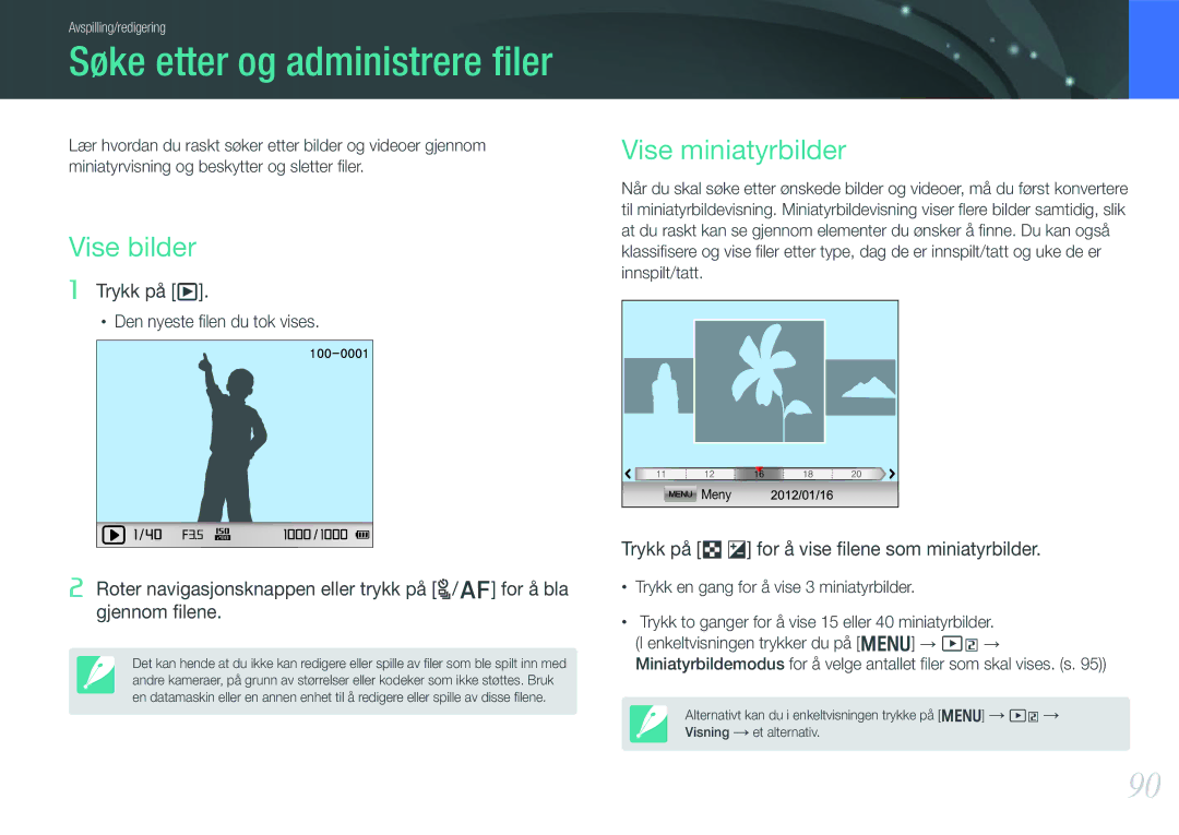Samsung EV-NX1000BFWSE, EV-NX1000BABDK manual Søke etter og administrere ﬁler, Vise bilder, Vise miniatyrbilder, Trykk på y 