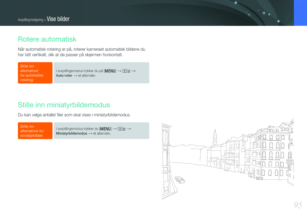 Samsung EV-NX1000BABDK, EV-NX1000BFWDK, EV-NX1000BABSE, EV-NX1000BFWSE manual Rotere automatisk, Stille inn miniatyrbildemodus 