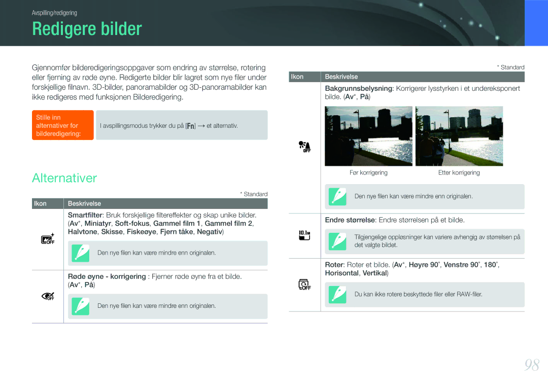 Samsung EV-NX1000BFWSE, EV-NX1000BABDK, EV-NX1000BFWDK, EV-NX1000BABSE manual Redigere bilder, Alternativer, Bilde. Av*, På 