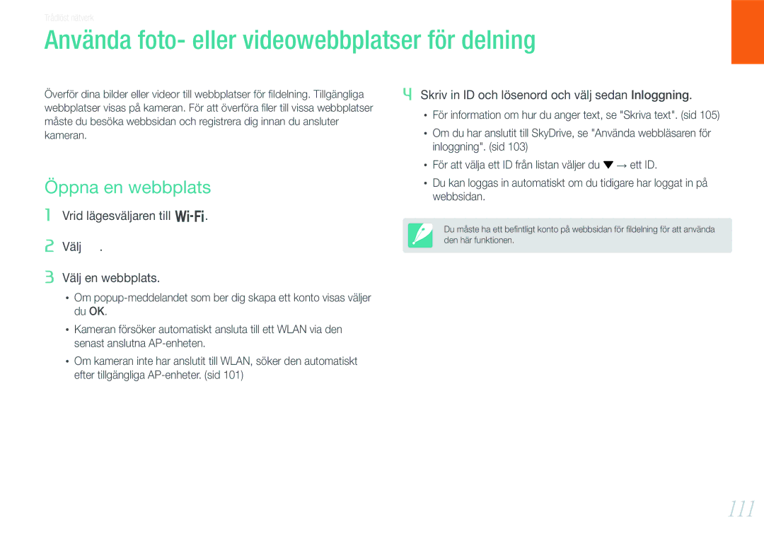 Samsung EV-NX1000BABDK, EV-NX1000BFWDK manual Använda foto- eller videowebbplatser för delning, 111, Öppna en webbplats 