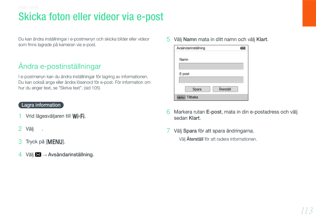 Samsung EV-NX1000BABSE manual Skicka foton eller videor via e-post, 113, Ändra e-postinställningar, Lagra information 