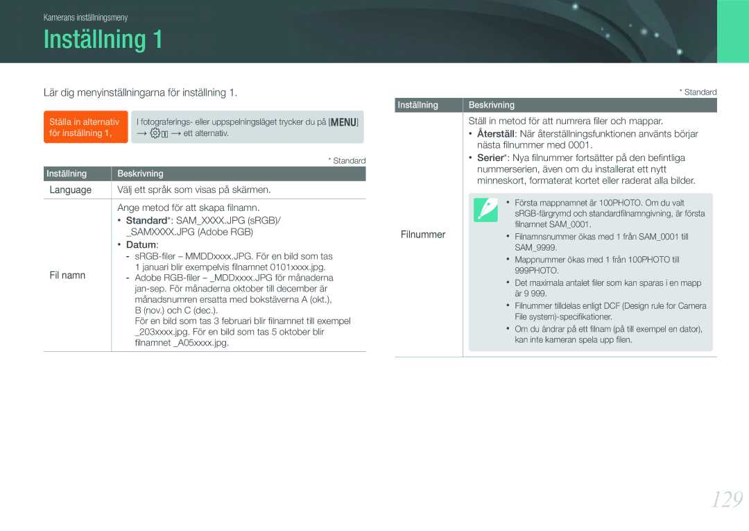 Samsung EV-NX1000BABSE, EV-NX1000BABDK, EV-NX1000BFWDK manual Inställning, 129, Lär dig menyinställningarna för inställning 