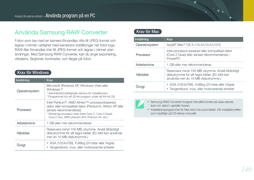 Samsung EV-NX1000BFWSE, EV-NX1000BABDK, EV-NX1000BFWDK 146, Använda Samsung RAW Converter, Krav för Windows, Krav för Mac 