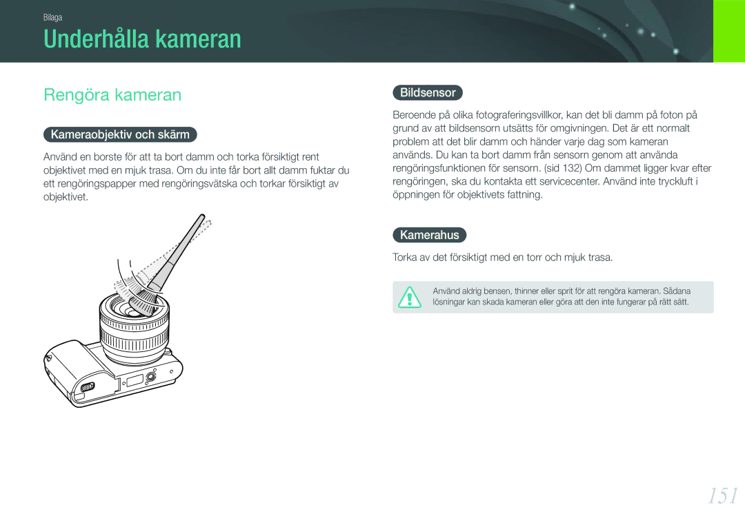 Samsung EV-NX1000BABDK, EV-NX1000BFWDK, EV-NX1000BABSE, EV-NX1000BFWSE manual Underhålla kameran, 151, Rengöra kameran 