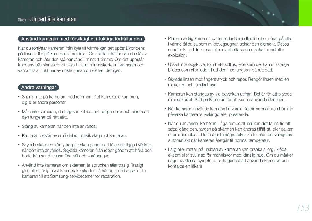 Samsung EV-NX1000BABSE, EV-NX1000BABDK manual 153, Använd kameran med försiktighet i fuktiga förhållanden, Andra varningar 