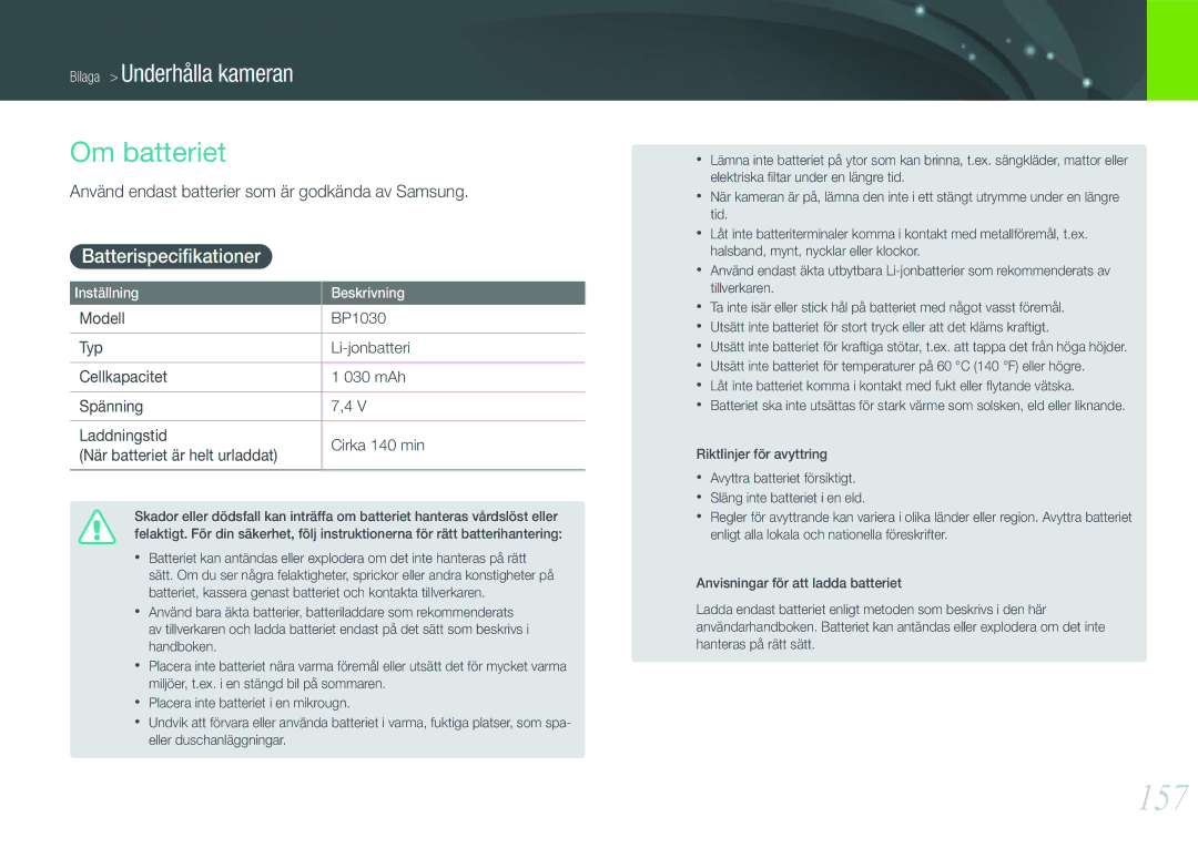 Samsung EV-NX1000BABSE manual 157, Om batteriet, Batterispeciﬁkationer, Använd endast batterier som är godkända av Samsung 