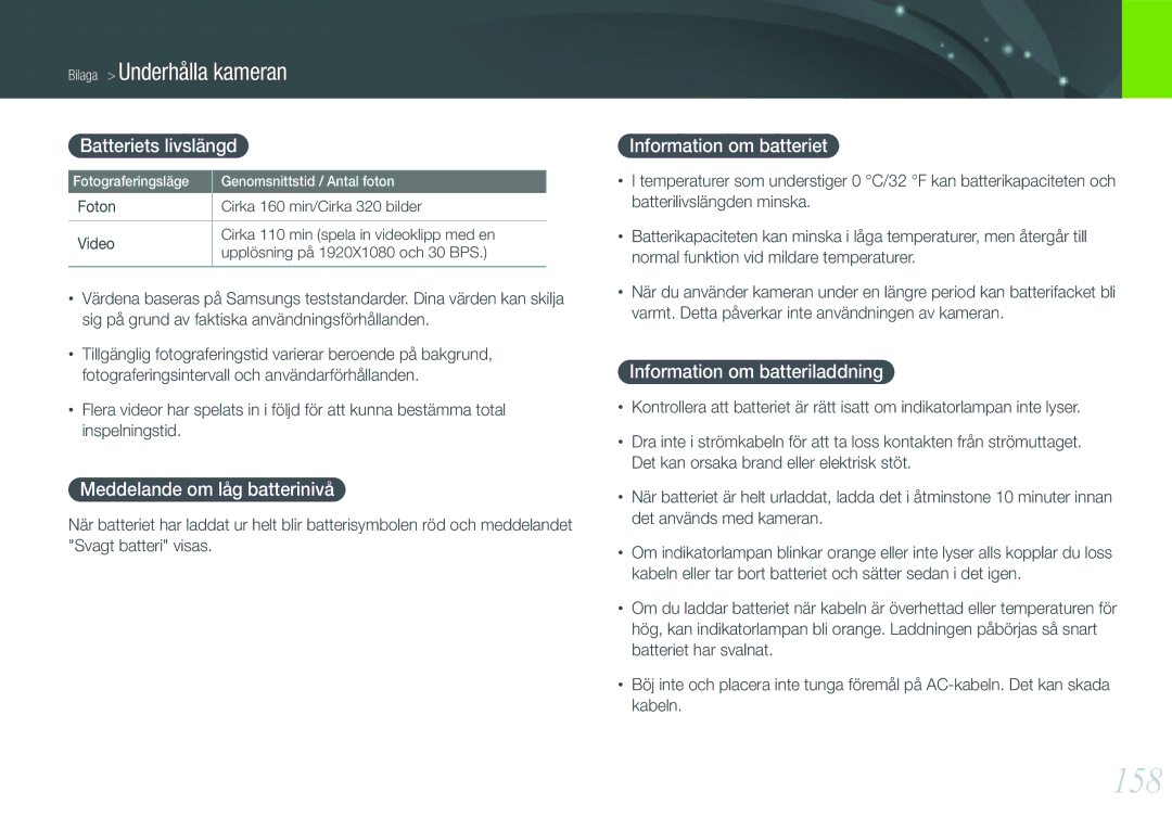 Samsung EV-NX1000BFWSE, EV-NX1000BABDK 158, Batteriets livslängd, Meddelande om låg batterinivå, Information om batteriet 
