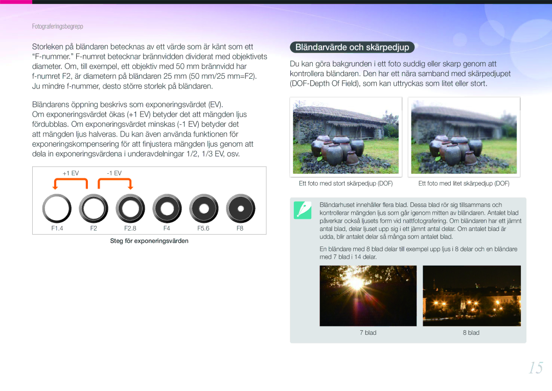 Samsung EV-NX1000BABDK, EV-NX1000BFWDK Bländarvärde och skärpedjup, Bländarens öppning beskrivs som exponeringsvärdet EV 