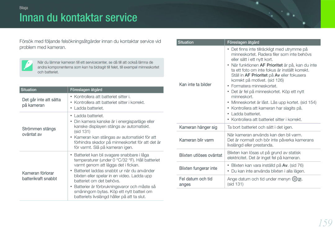 Samsung EV-NX1000BABDK, EV-NX1000BFWDK, EV-NX1000BABSE, EV-NX1000BFWSE manual Innan du kontaktar service, 159 