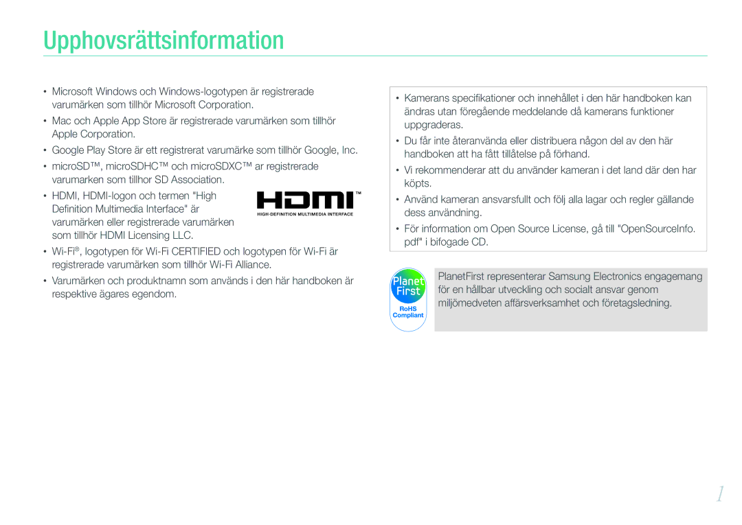 Samsung EV-NX1000BABSE, EV-NX1000BABDK, EV-NX1000BFWDK, EV-NX1000BFWSE manual Upphovsrättsinformation 