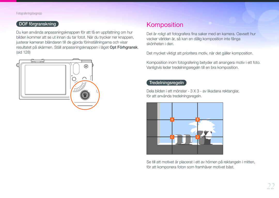 Samsung EV-NX1000BFWSE, EV-NX1000BABDK, EV-NX1000BFWDK, EV-NX1000BABSE manual DOF förgranskning, Tredelningsregeln 