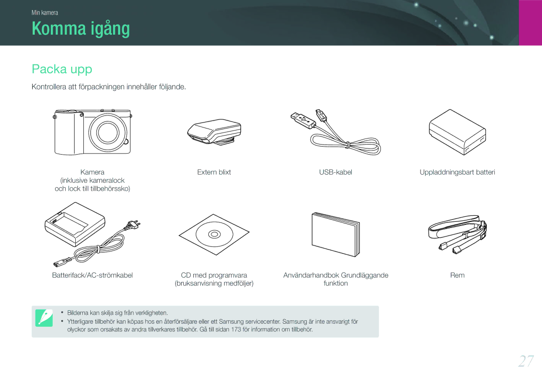 Samsung EV-NX1000BABDK, EV-NX1000BFWDK manual Komma igång, Packa upp, Kontrollera att förpackningen innehåller följande 