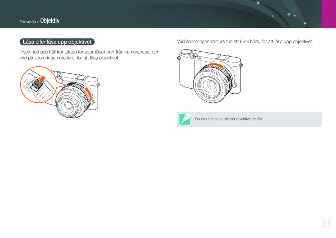 Samsung EV-NX1000BABDK, EV-NX1000BFWDK, EV-NX1000BABSE, EV-NX1000BFWSE manual Låsa eller låsa upp objektivet 