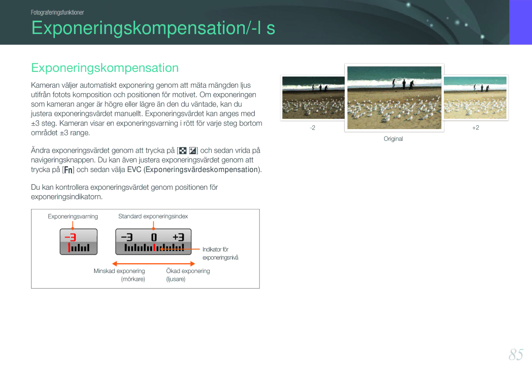 Samsung EV-NX1000BABSE, EV-NX1000BABDK, EV-NX1000BFWDK, EV-NX1000BFWSE manual Exponeringskompensation/-lås 