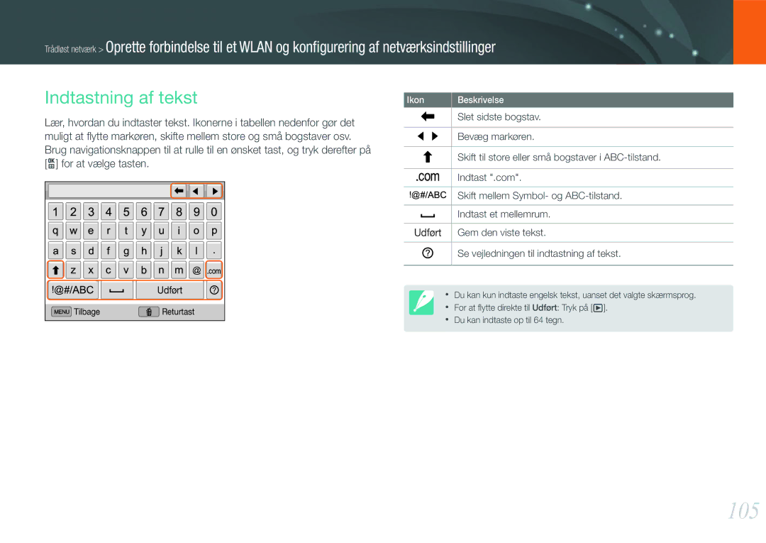 Samsung EV-NX1000BABSE, EV-NX1000BABDK, EV-NX1000BFWDK, EV-NX1000BFWSE manual 105, Indtastning af tekst 
