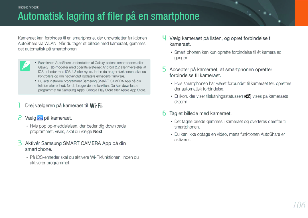 Samsung EV-NX1000BFWSE, EV-NX1000BABDK, EV-NX1000BFWDK, EV-NX1000BABSE manual Automatisk lagring af ﬁler på en smartphone, 106 