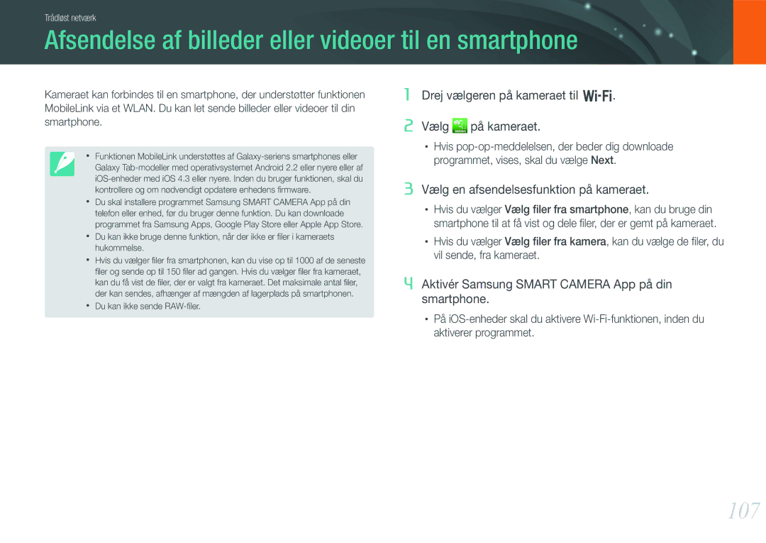 Samsung EV-NX1000BABDK, EV-NX1000BFWDK, EV-NX1000BABSE manual Afsendelse af billeder eller videoer til en smartphone, 107 
