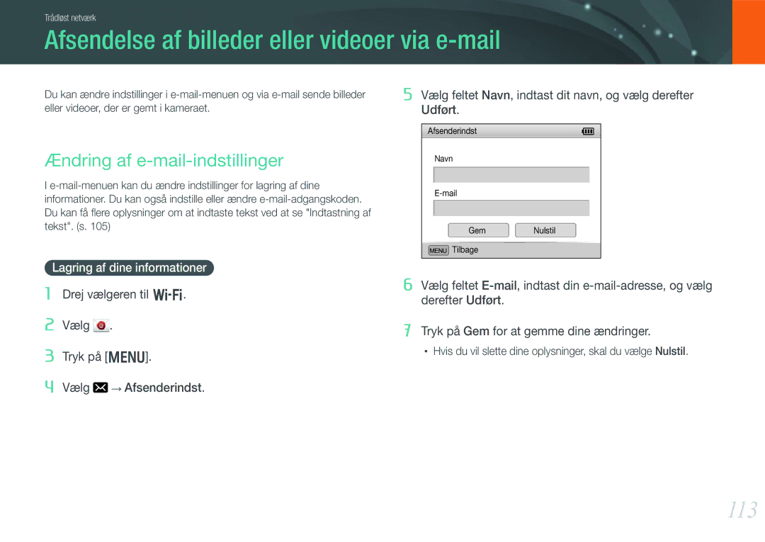 Samsung EV-NX1000BABSE manual Afsendelse af billeder eller videoer via e-mail, 113, Ændring af e-mail-indstillinger 