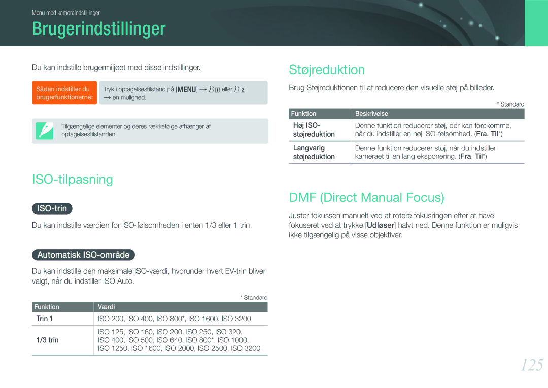 Samsung EV-NX1000BABSE, EV-NX1000BABDK Brugerindstillinger, 125, Støjreduktion, ISO-tilpasning, DMF Direct Manual Focus 