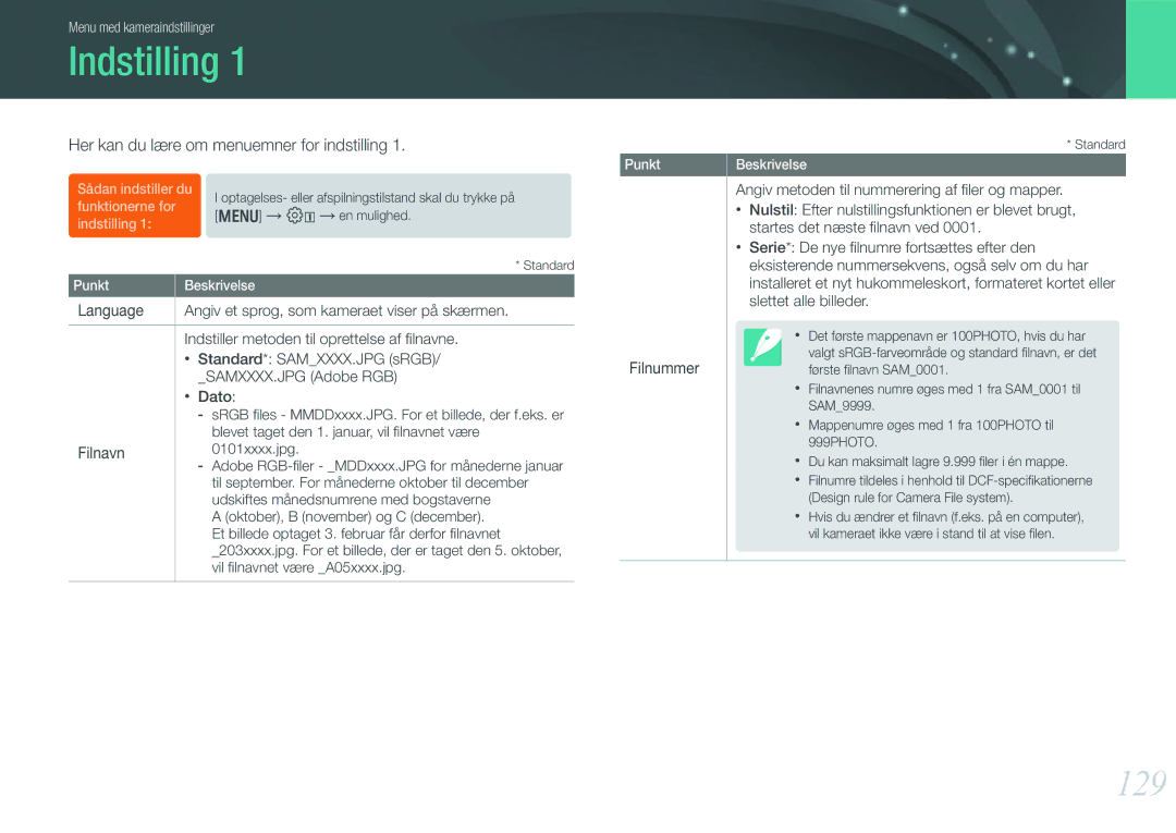 Samsung EV-NX1000BABSE, EV-NX1000BABDK Indstilling, 129, Her kan du lære om menuemner for indstilling, Filnavn, Filnummer 