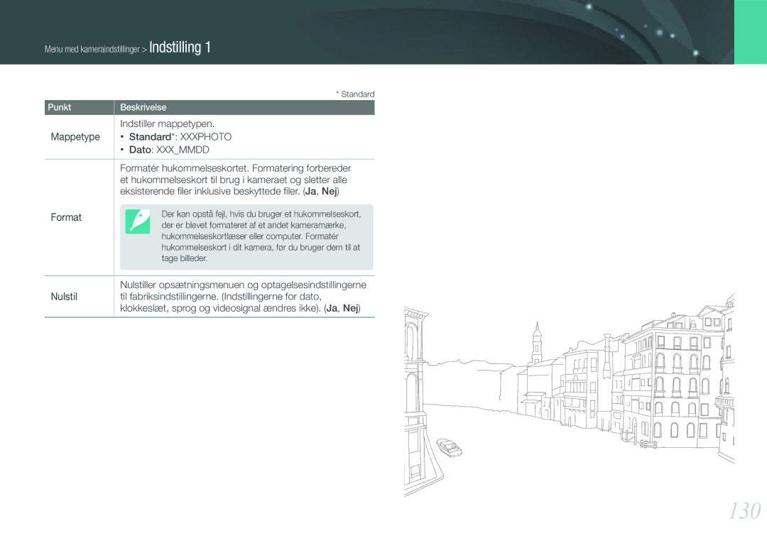 Samsung EV-NX1000BFWSE manual 130, Indstiller mappetypen, Nulstil, Til fabriksindstillingerne. Indstillingerne for dato 