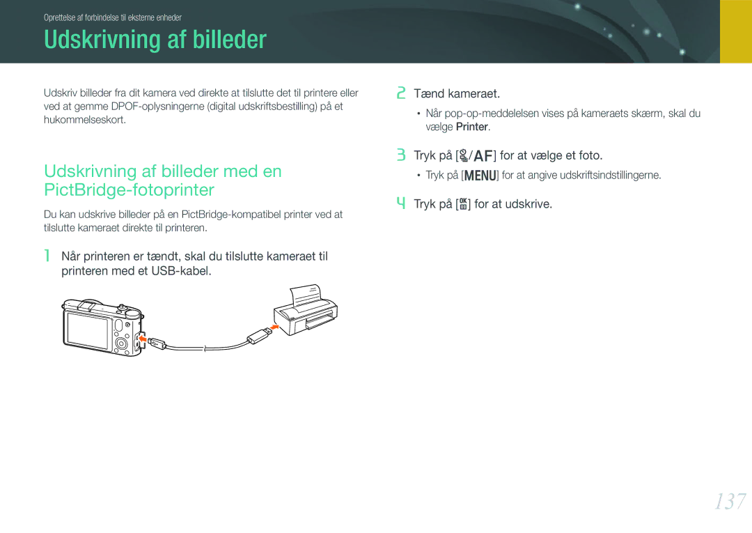 Samsung EV-NX1000BABSE, EV-NX1000BABDK, EV-NX1000BFWDK manual 137, Udskrivning af billeder med en PictBridge-fotoprinter 