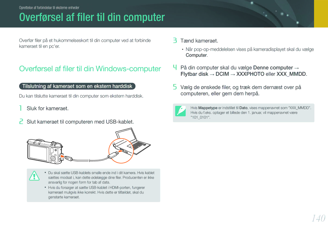 Samsung EV-NX1000BFWDK manual Overførsel af ﬁler til din computer, 140, Overførsel af ﬁler til din Windows-computer 