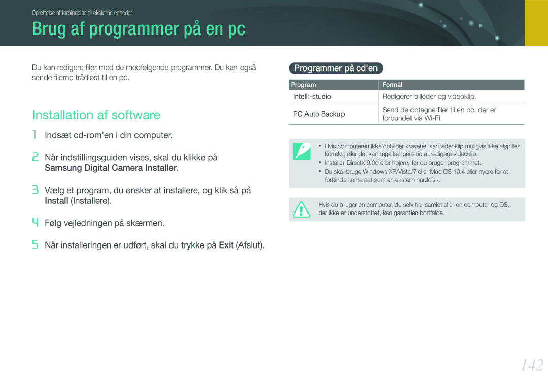 Samsung EV-NX1000BFWSE, EV-NX1000BABDK manual Brug af programmer på en pc, 142, Installation af software, Programmer på cden 