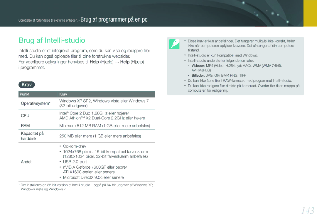 Samsung EV-NX1000BABDK, EV-NX1000BFWDK, EV-NX1000BABSE, EV-NX1000BFWSE manual 143, Brug af Intelli-studio, Krav 