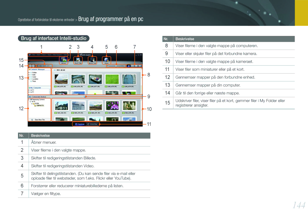 Samsung EV-NX1000BFWDK, EV-NX1000BABDK, EV-NX1000BABSE, EV-NX1000BFWSE manual 144, Brug af interfacet Intelli-studio 