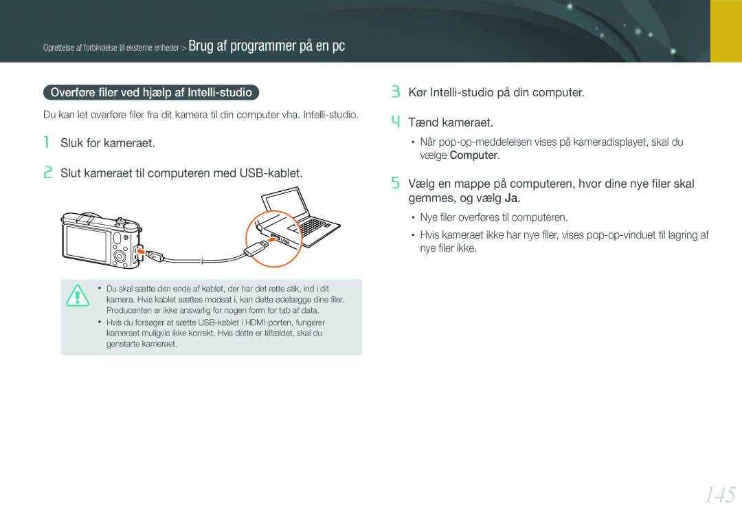 Samsung EV-NX1000BABSE, EV-NX1000BABDK, EV-NX1000BFWDK, EV-NX1000BFWSE manual 145, Overføre ﬁler ved hjælp af Intelli-studio 