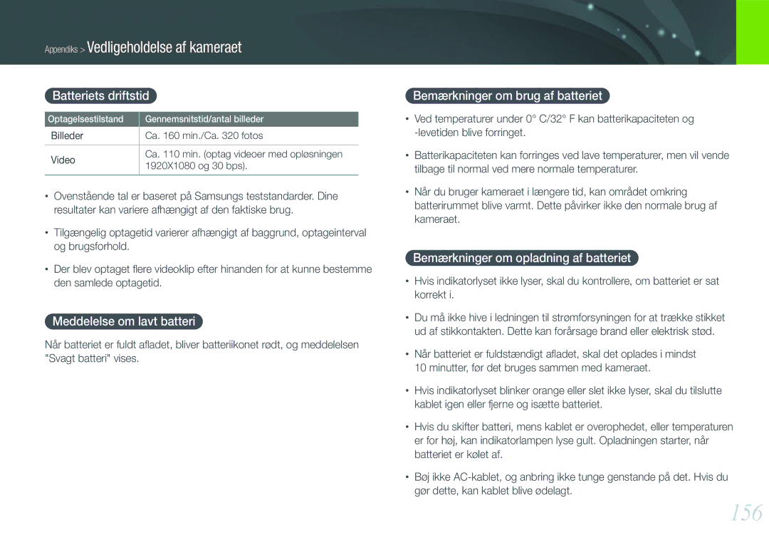 Samsung EV-NX1000BFWDK manual 156, Batteriets driftstid, Meddelelse om lavt batteri, Bemærkninger om brug af batteriet 