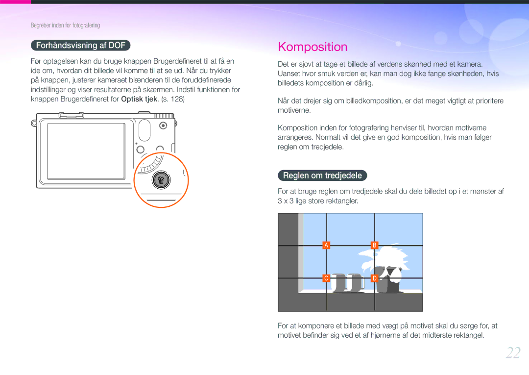 Samsung EV-NX1000BFWSE, EV-NX1000BABDK, EV-NX1000BFWDK, EV-NX1000BABSE manual Forhåndsvisning af DOF, Reglen om tredjedele 