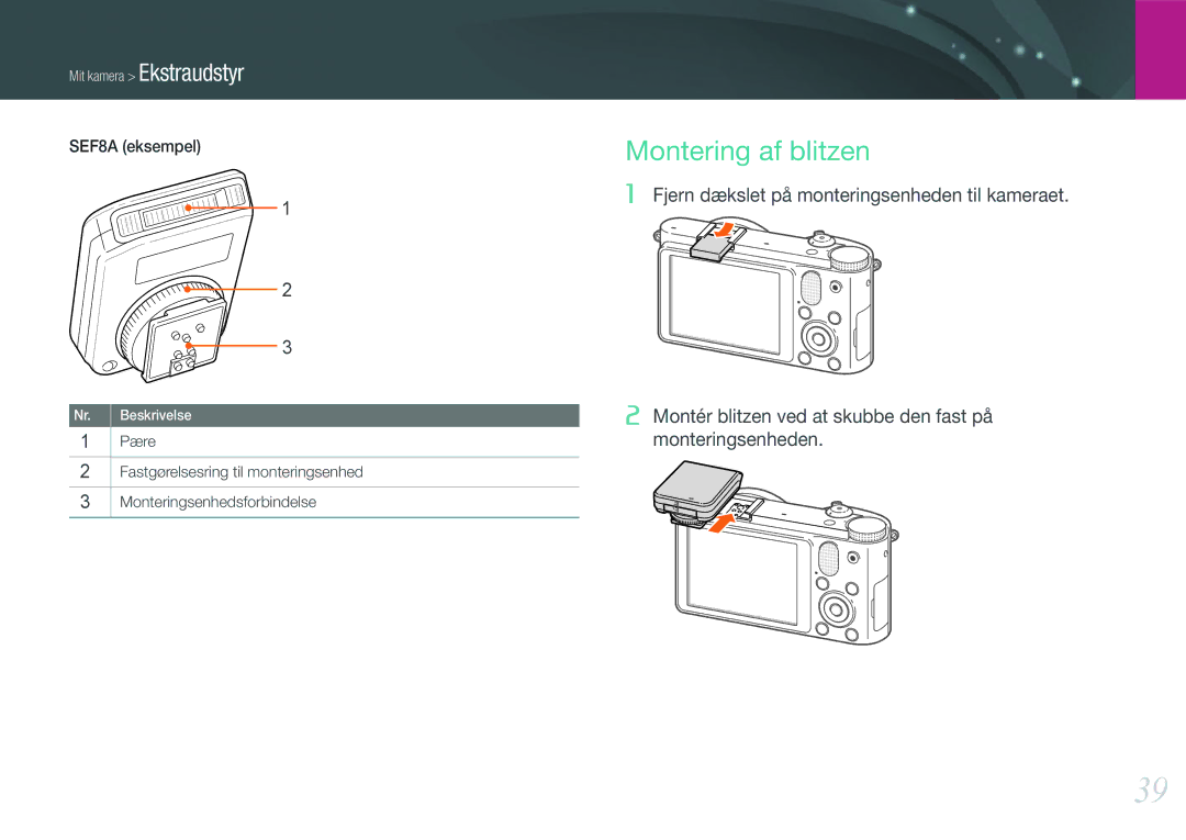 Samsung EV-NX1000BABDK, EV-NX1000BFWDK, EV-NX1000BABSE, EV-NX1000BFWSE manual Montering af blitzen 