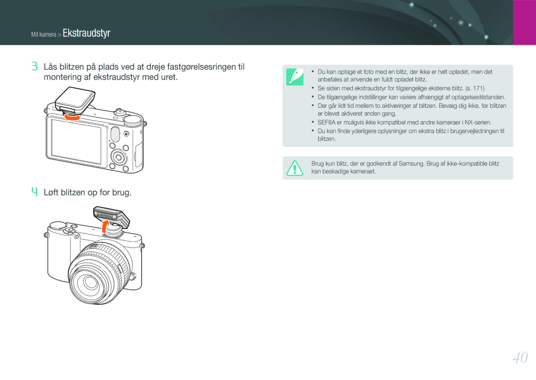 Samsung EV-NX1000BFWDK, EV-NX1000BABDK, EV-NX1000BABSE, EV-NX1000BFWSE manual Mit kamera Ekstraudstyr 