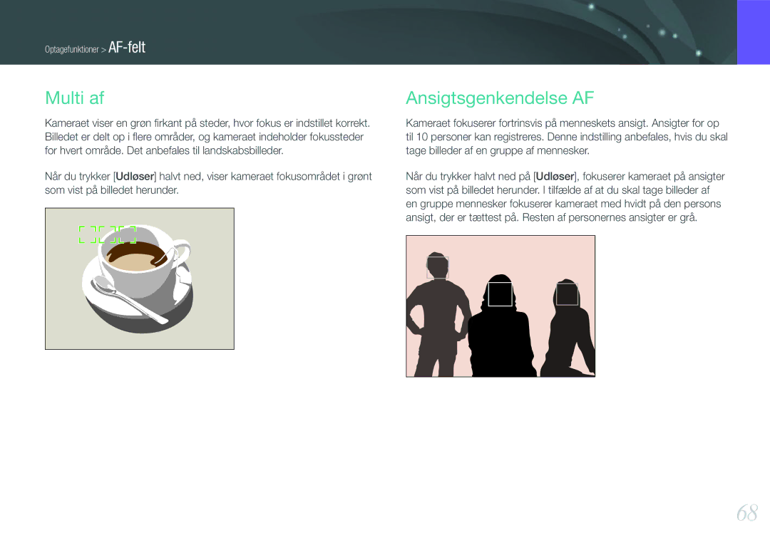Samsung EV-NX1000BFWDK, EV-NX1000BABDK, EV-NX1000BABSE, EV-NX1000BFWSE manual Multi af, Ansigtsgenkendelse AF 