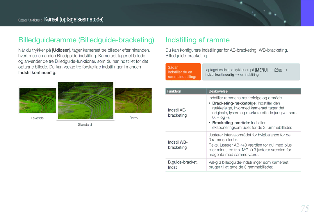 Samsung EV-NX1000BABDK, EV-NX1000BFWDK, EV-NX1000BABSE manual Billedguideramme Billedguide-bracketing, Indstilling af ramme 