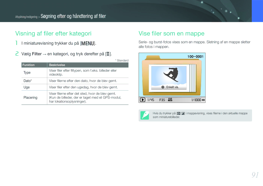 Samsung EV-NX1000BABDK, EV-NX1000BFWDK, EV-NX1000BABSE manual Visning af ﬁler efter kategori, Vise ﬁler som en mappe 