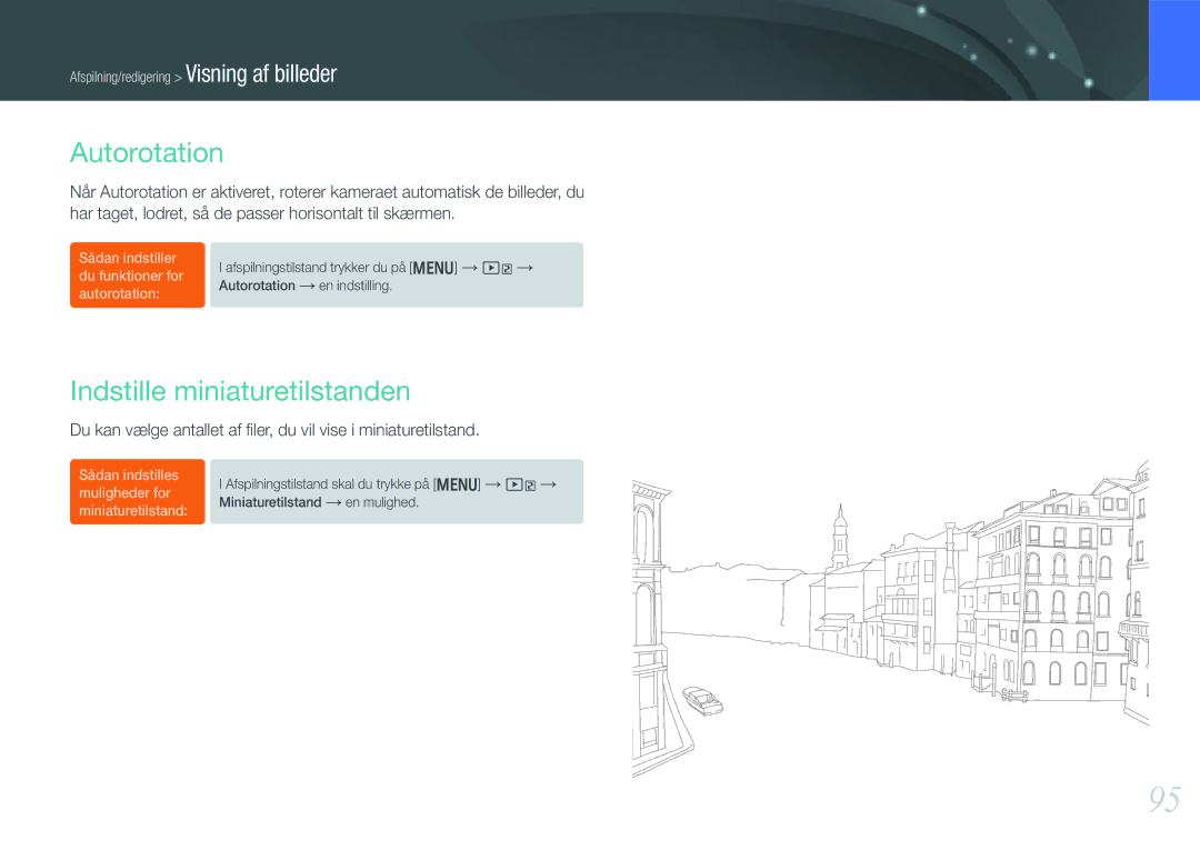 Samsung EV-NX1000BABDK, EV-NX1000BFWDK, EV-NX1000BABSE, EV-NX1000BFWSE manual Autorotation, Indstille miniaturetilstanden 