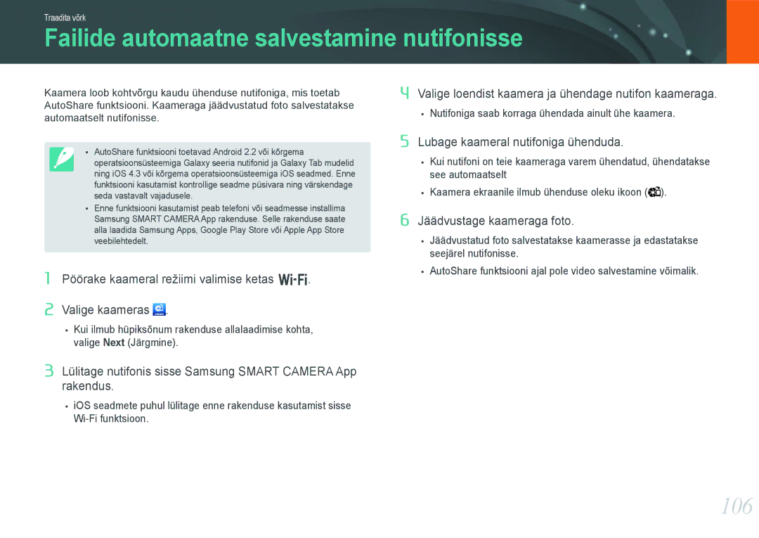 Samsung EV-NX1000BFWEE, EV-NX1000BABEE manual Failide automaatne salvestamine nutifonisse, 106 