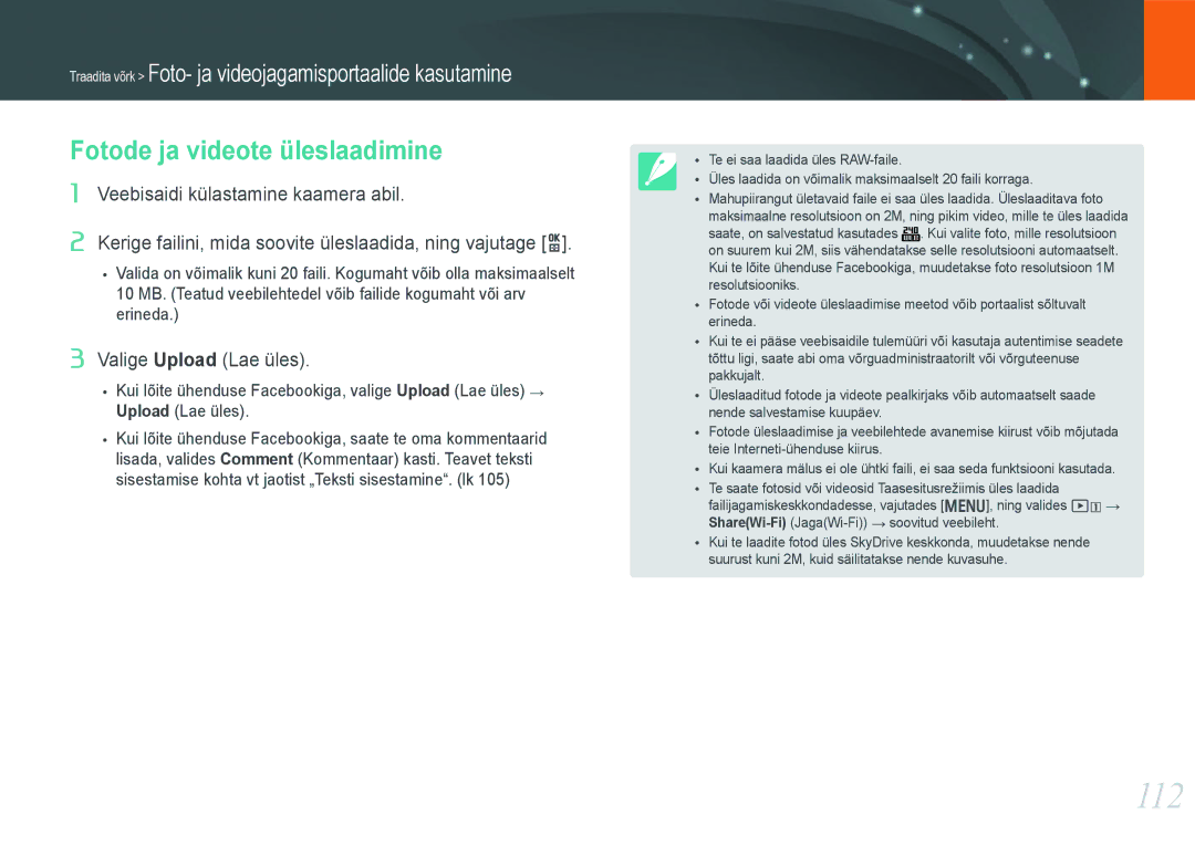 Samsung EV-NX1000BFWEE, EV-NX1000BABEE manual 112, Fotode ja videote üleslaadimine 