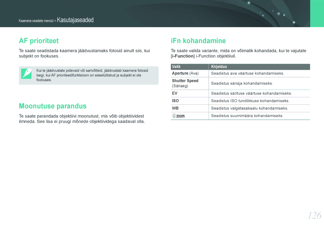 Samsung EV-NX1000BFWEE, EV-NX1000BABEE manual 126, AF prioriteet, Moonutuse parandus, IFn kohandamine 