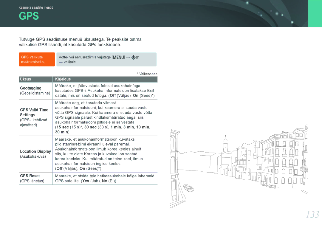 Samsung EV-NX1000BABEE, EV-NX1000BFWEE manual 133, Geotagging, Settings, GPS Reset 