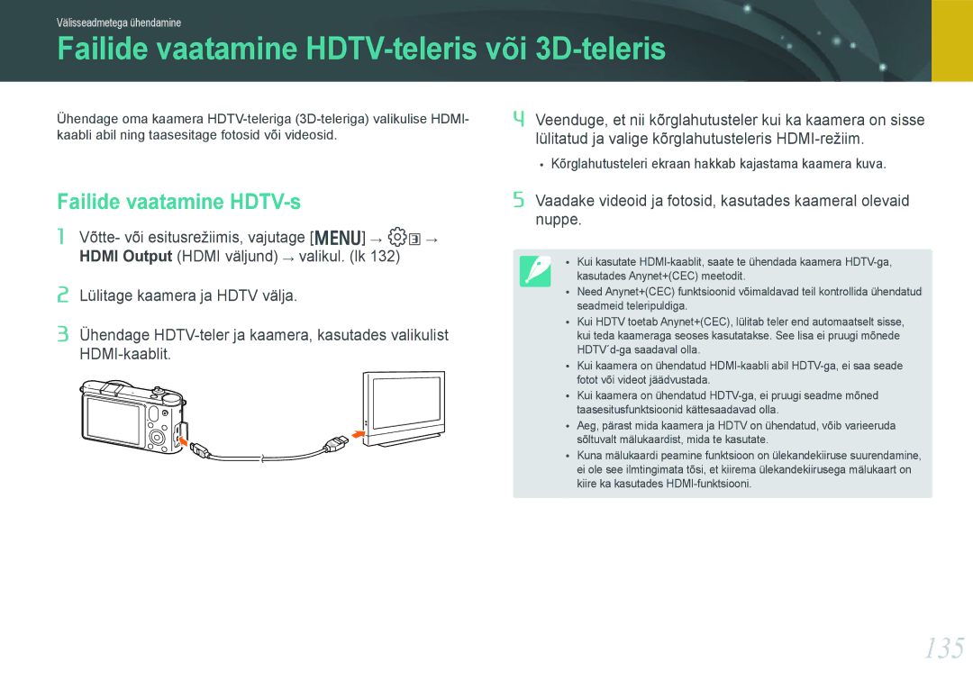 Samsung EV-NX1000BABEE, EV-NX1000BFWEE manual Failide vaatamine HDTV-teleris või 3D-teleris, 135, Failide vaatamine HDTV-s 