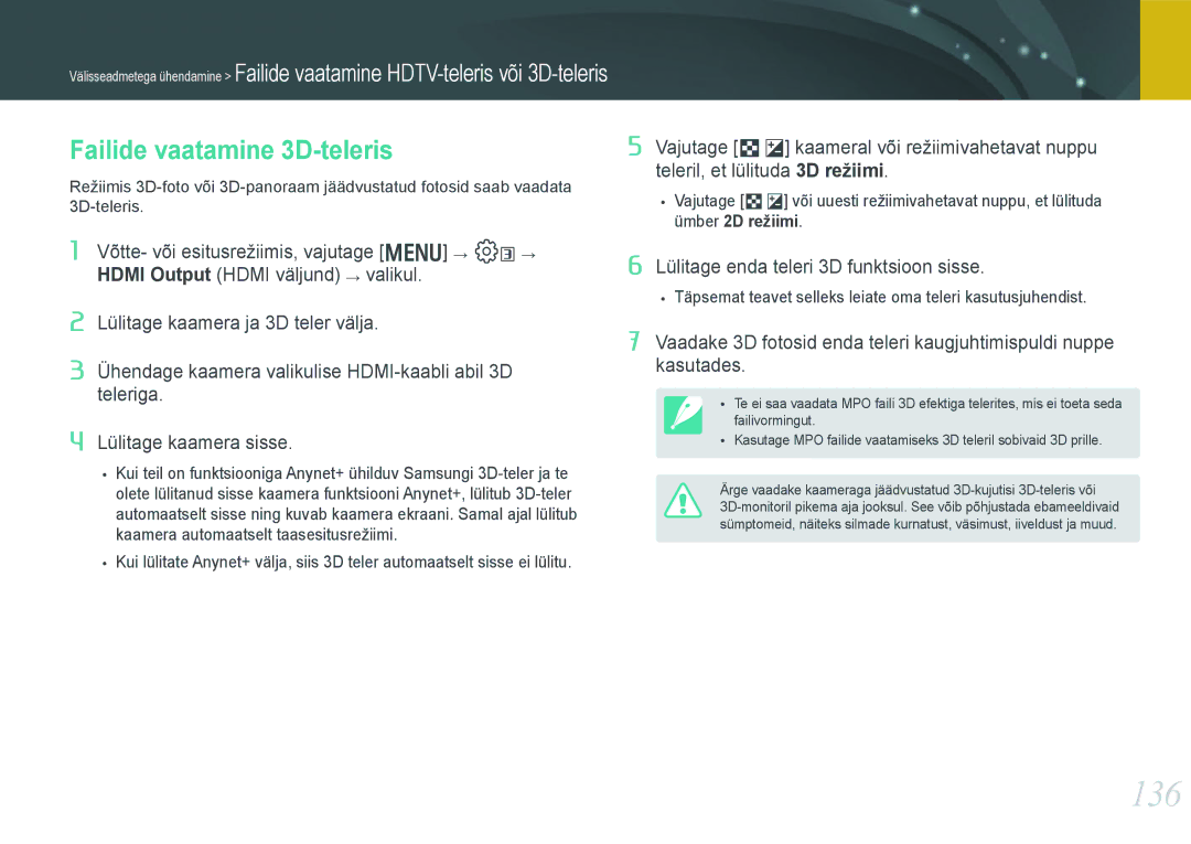 Samsung EV-NX1000BFWEE, EV-NX1000BABEE manual 136, Failide vaatamine 3D-teleris 