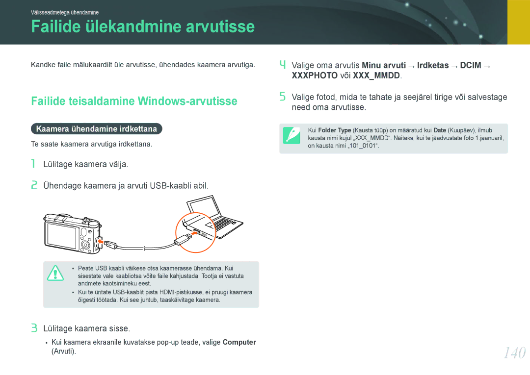 Samsung EV-NX1000BFWEE, EV-NX1000BABEE manual 140, Failide teisaldamine Windows-arvutisse, Kaamera ühendamine irdkettana 