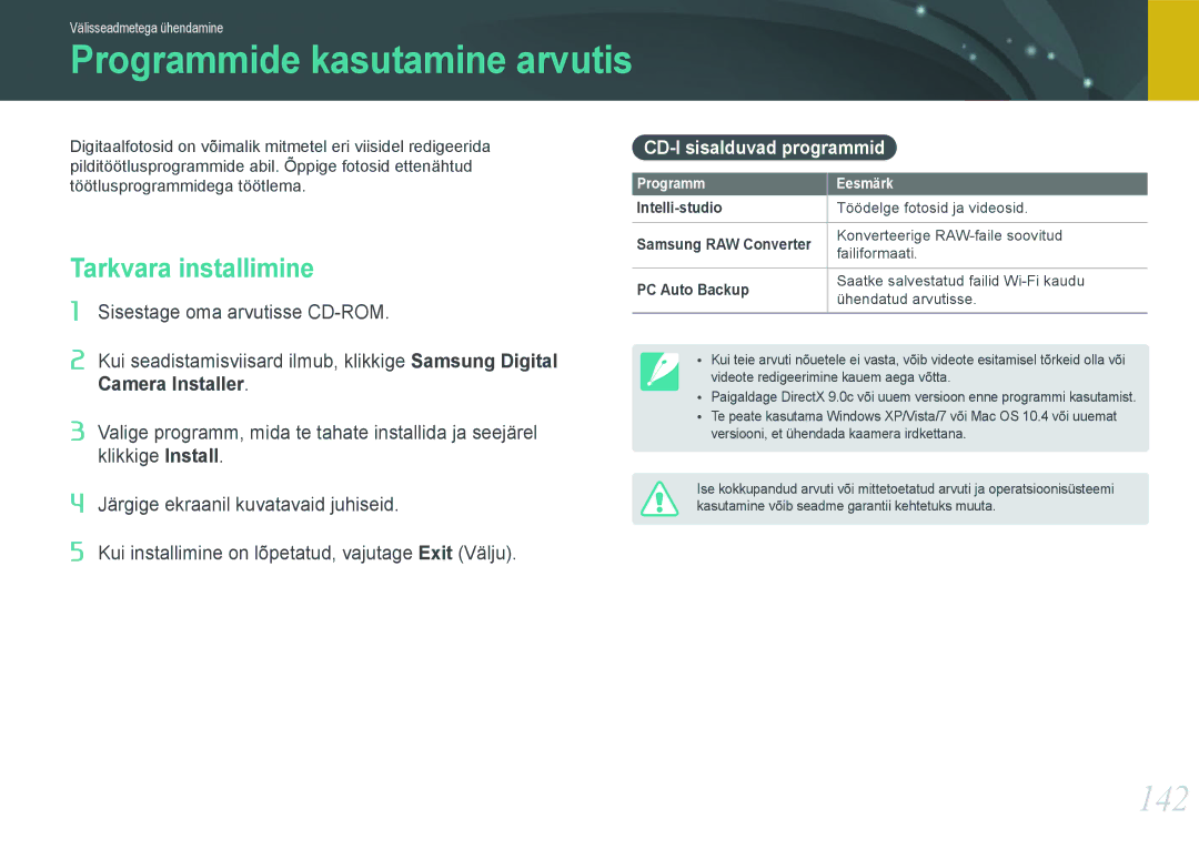 Samsung EV-NX1000BFWEE manual 142, Tarkvara installimine, CD-l sisalduvad programmid, Intelli-studio, PC Auto Backup 