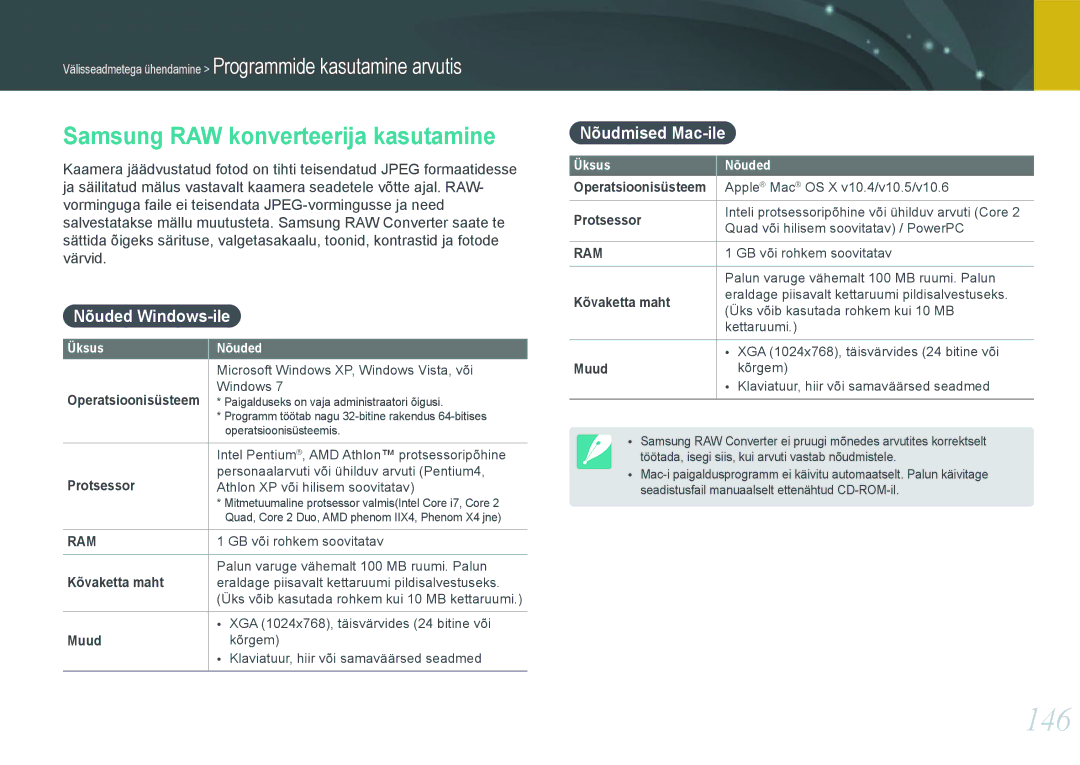 Samsung EV-NX1000BFWEE, EV-NX1000BABEE 146, Samsung RAW konverteerija kasutamine, Nõuded Windows-ile, Nõudmised Mac-ile 