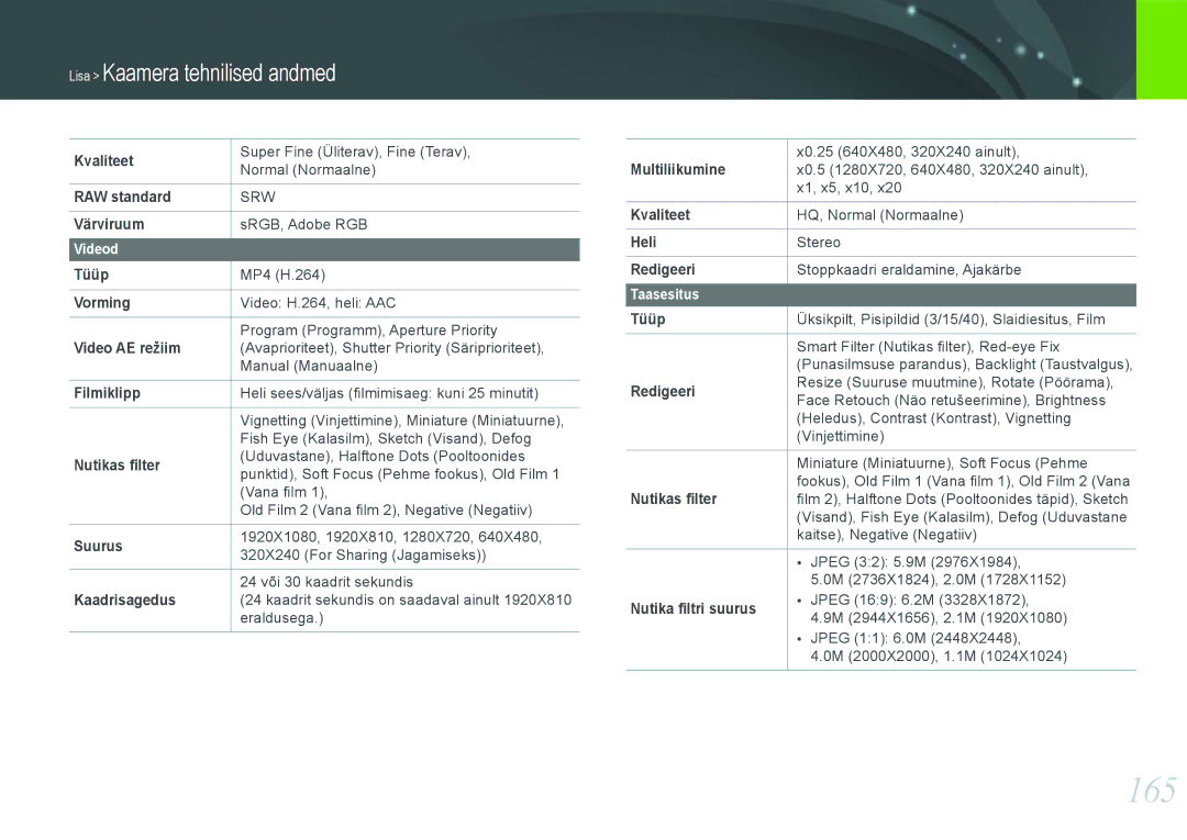 Samsung EV-NX1000BABEE, EV-NX1000BFWEE manual 165 